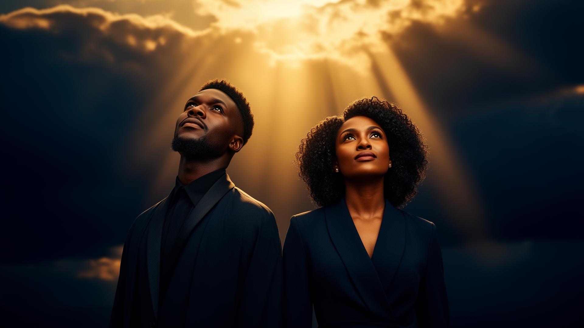 A Black man and woman looking upward toward golden light β hope, healing, and purpose