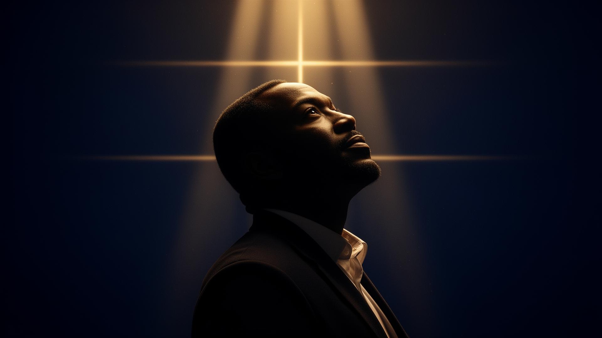 Jared M. Rogers, pastor and author, looking upward in golden light